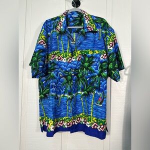Laos Blue Tropical Hawaiian Button Down Shirt Size XL EUC